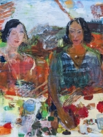Sitzende Frauen (Rosanna und Maria), Eitempera, Kreide, Papier, Leinwand, 2014, 80x80 cm