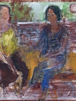 Sitzende Frauen (Rosanna und Maria), Eitempera, Kreide, Papier, Pressspanplatte, 2014, 40x44,5 cm