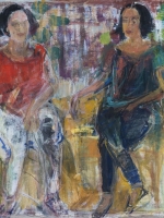 Sitzende Frauen (Rosanna und Maria), Eitempera, Kreide, Papier, Pressspanplatte, 2014, 43,5x55,5 cm
