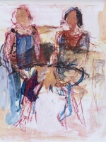 Sitzende Frauen (Rosanna und Maria), Eitempera, Kreide, Papier, Pressspanplatte, 2014, 44x58,5 cm